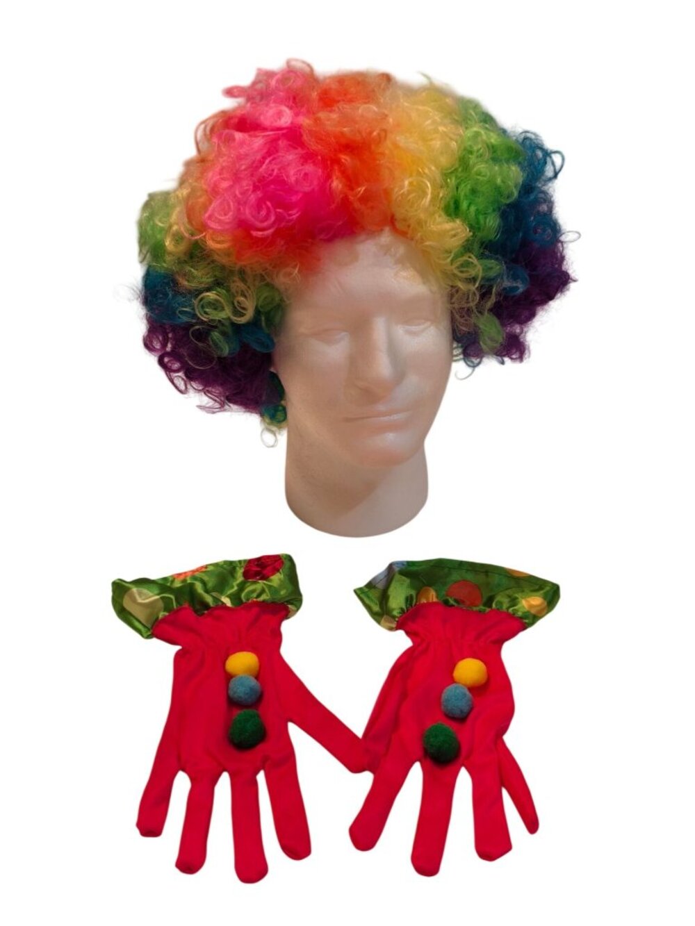 Clown Costume Rainbow Wig Afro Pink Gloves Colorful Pompoms Ruffled Cuffs